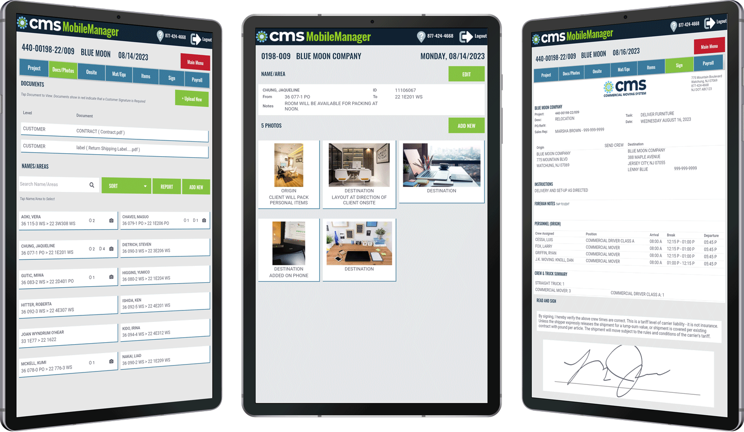 three tablets showing CMS mobile manager moving company software