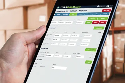 A hand holding a tablet with CMS MobileManager moving project management software displayed