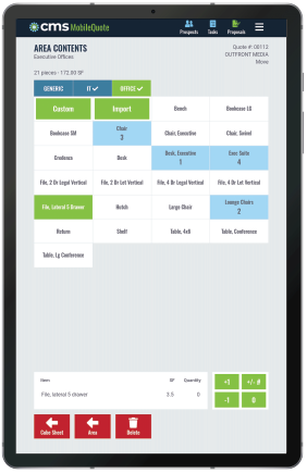 Tablet displaying CMS MobileQuote Commercial Moving Cost Estimator